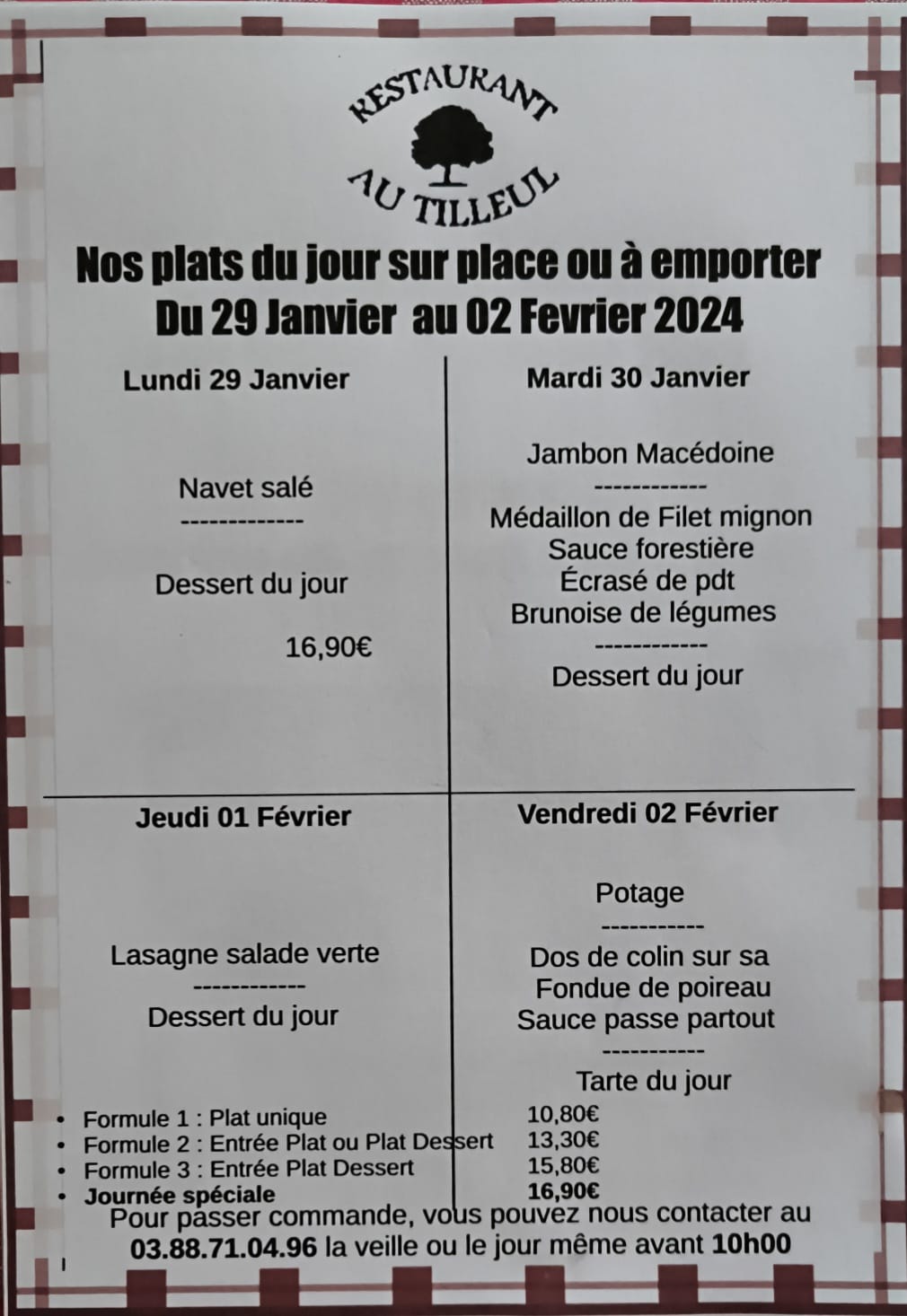 Menus du 29 janvier au 2 février 2024