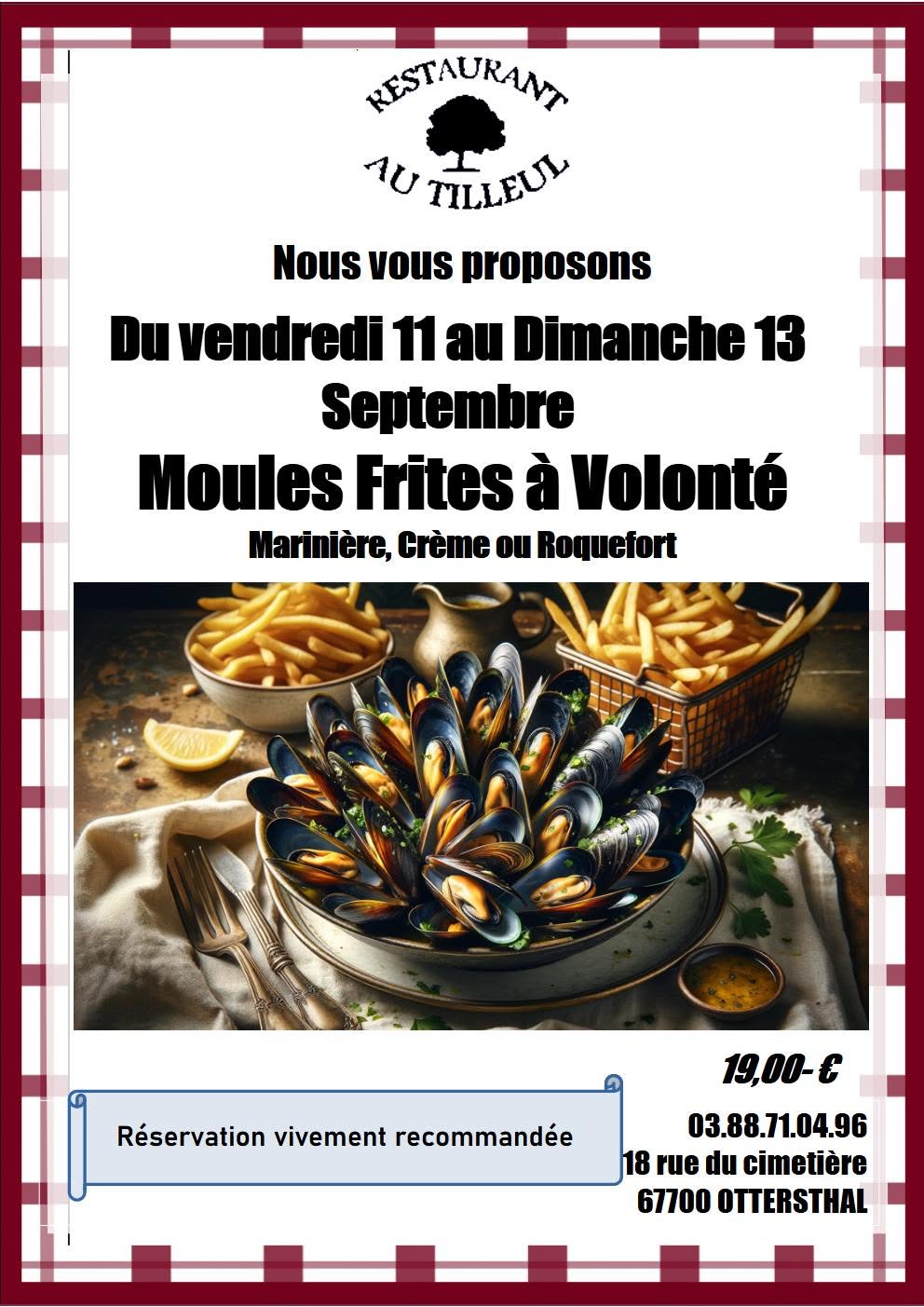 Week-end du 11 au 13 Septembre 2026 : Moules Frites