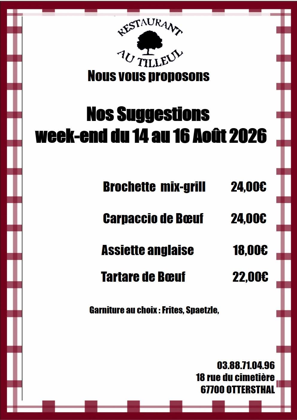 Suggestions du 14 au 16 Août 2026